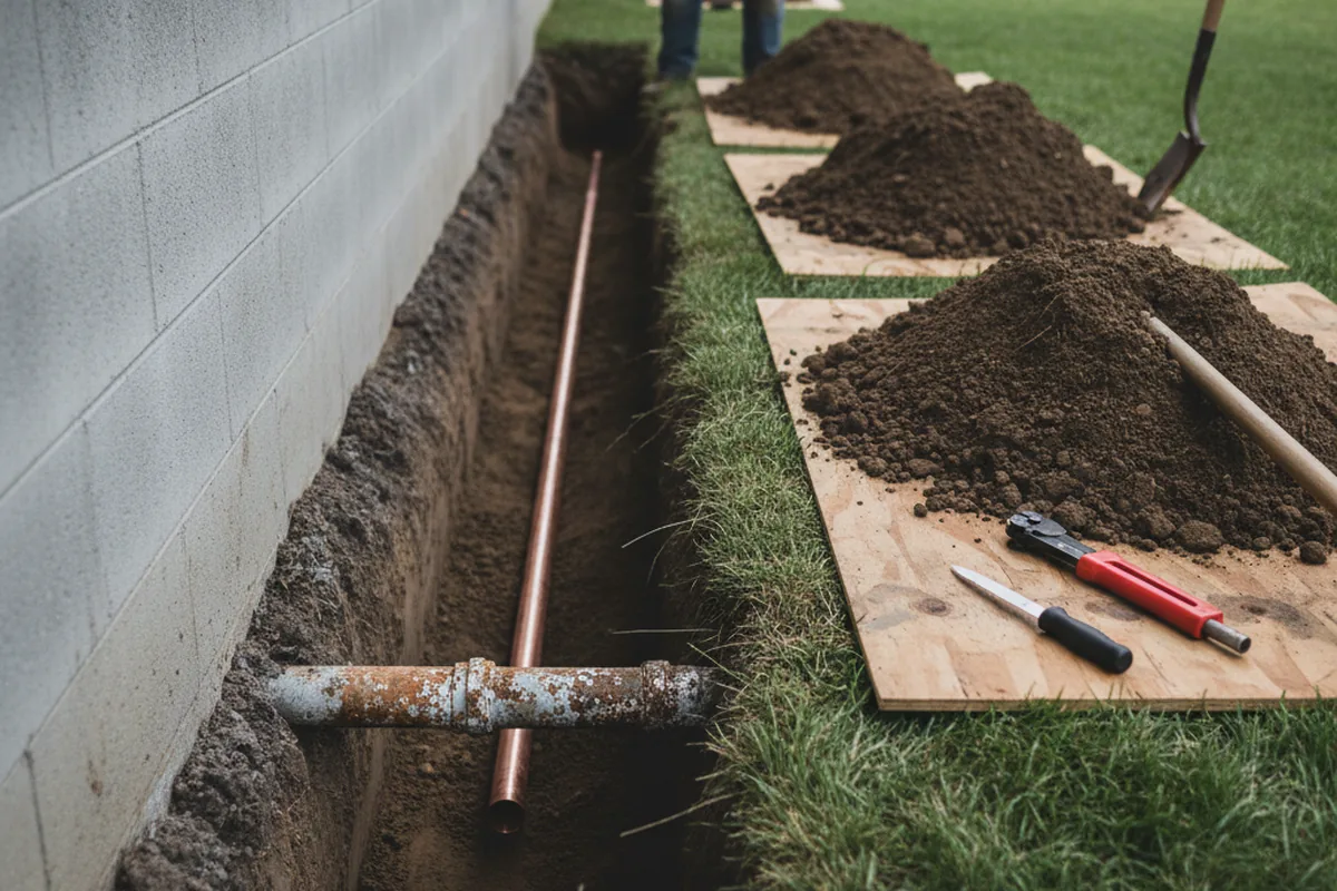 Excavated water line trench during Water Softener Installation in Perth Amboy
